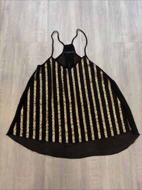 Potter's Pot Black Cami with Gold Sequin Stripes. Sheer back. Size Medium